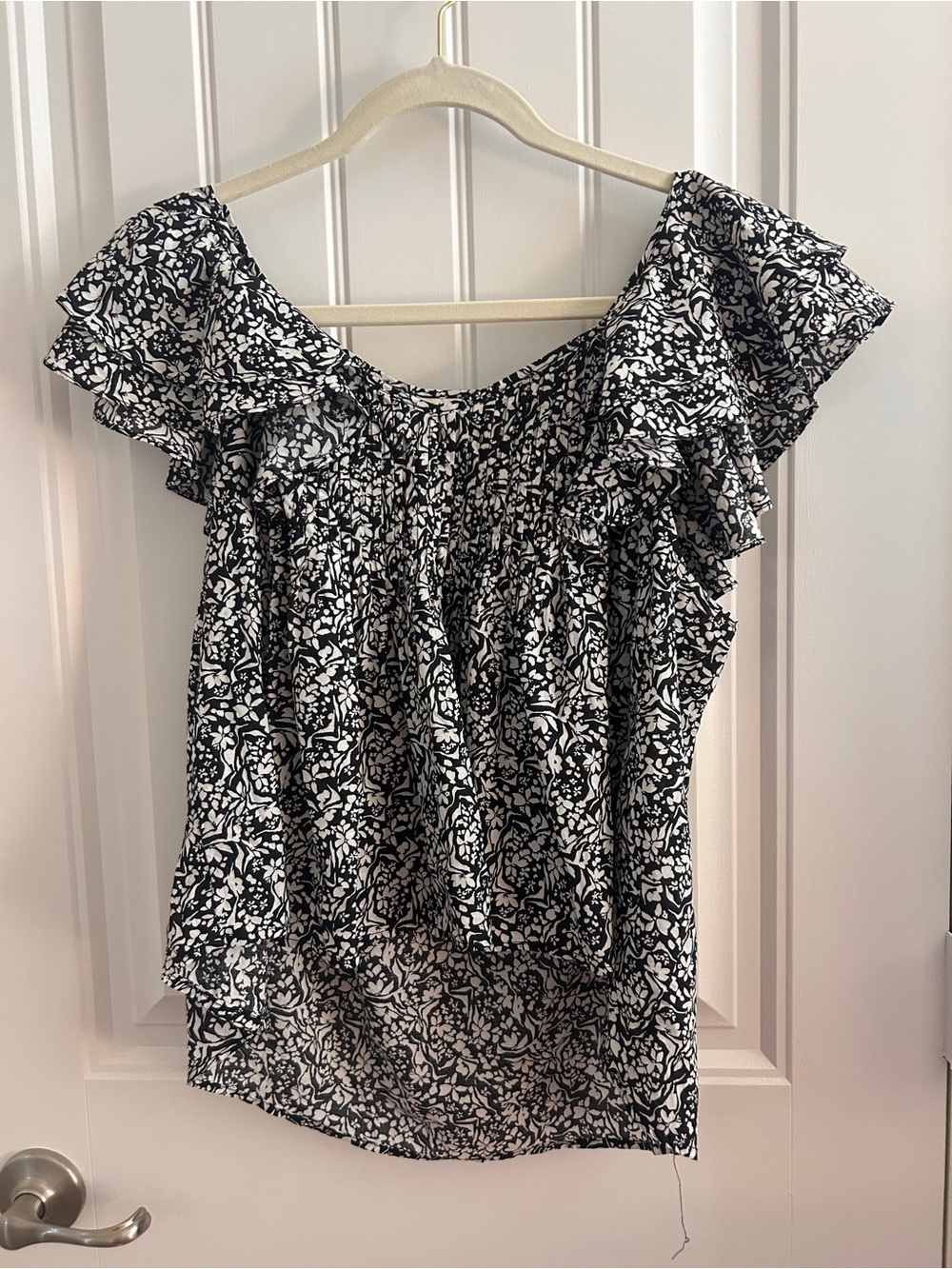 Black & White Floral Ruffle Off-Shoulder Women’s Top